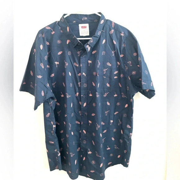Levi's Men's Button-Up Shirt Navy Blue Tropical Print Short Sleeve Casual Summer - Picture 1 of 5